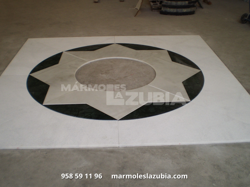 Estrella de mármol para enmarcado en solería jugando con distintos materiales Blanco, Verde y Crema